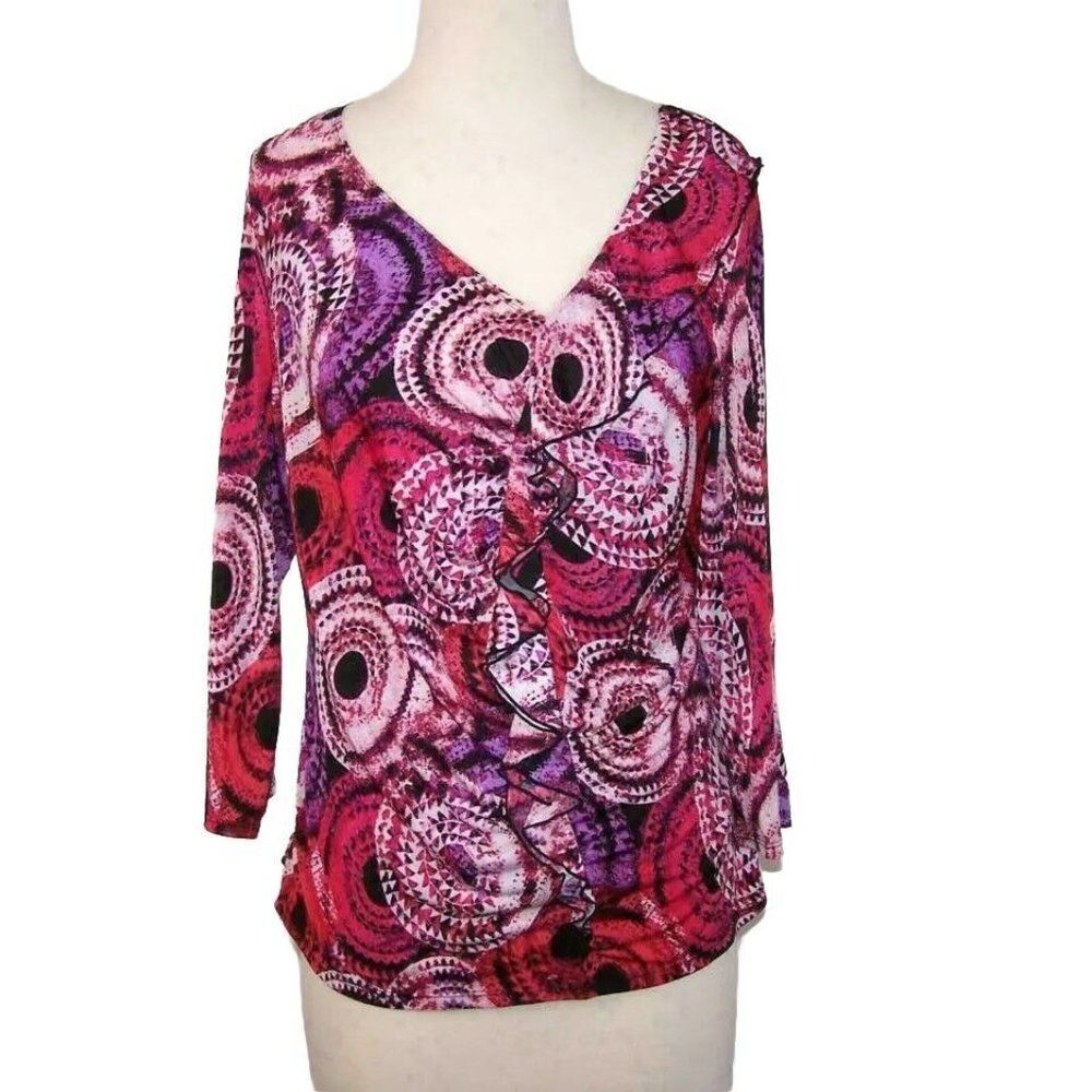 Milano Shirt Top Ruffled V-Neck Stretch 3/4 Sleeves Purple Pink Womens Large